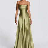 Olive Satin Backless Maxi Gown