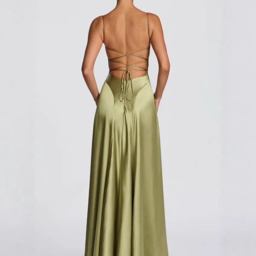 Olive Satin Backless Maxi Gown