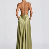 Olive Satin Backless Maxi Gown