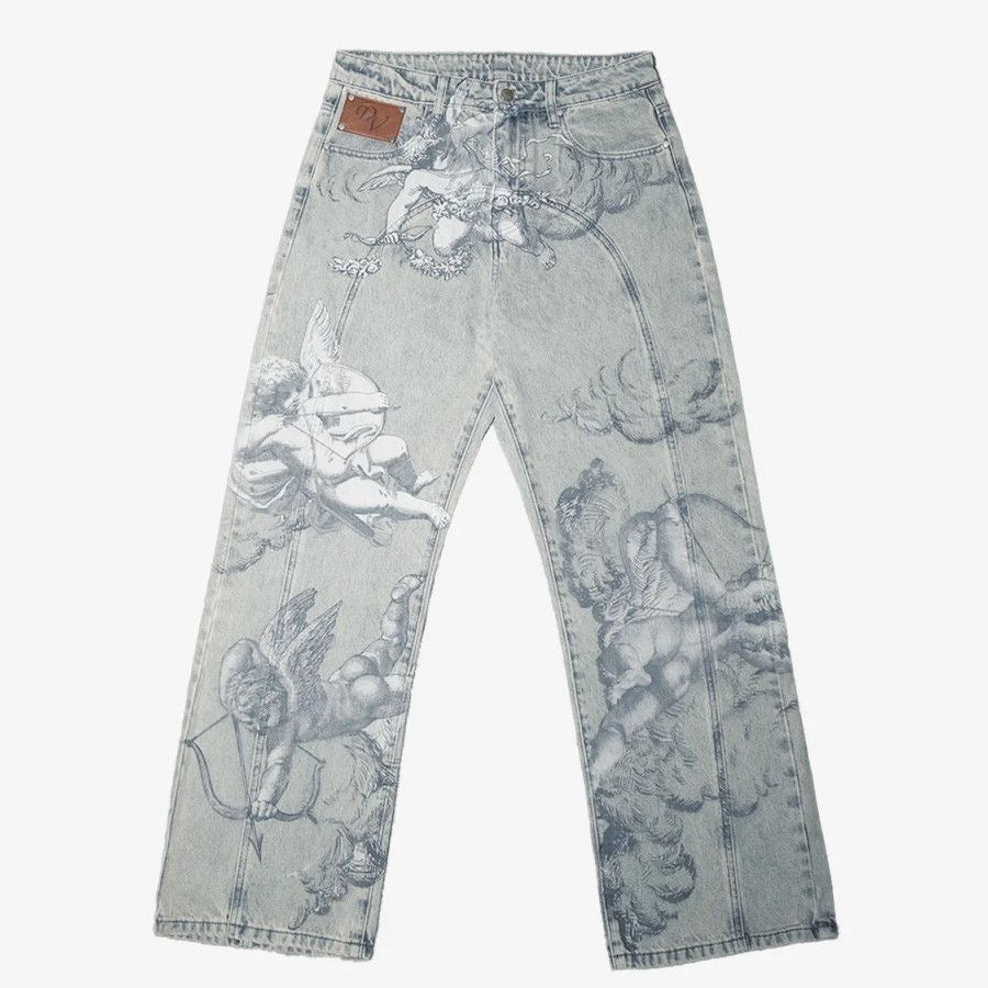 Light Blue Angel Print Straight Jeans