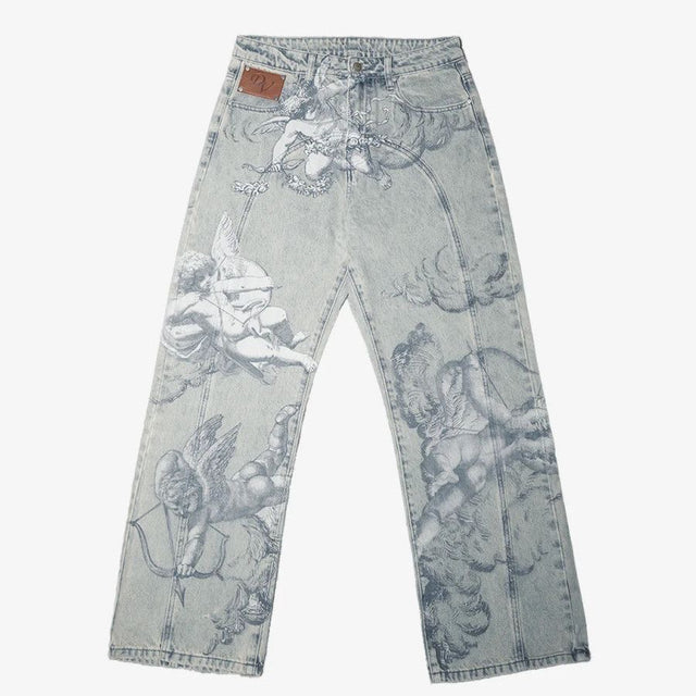 Light Blue Angel Print Straight Jeans