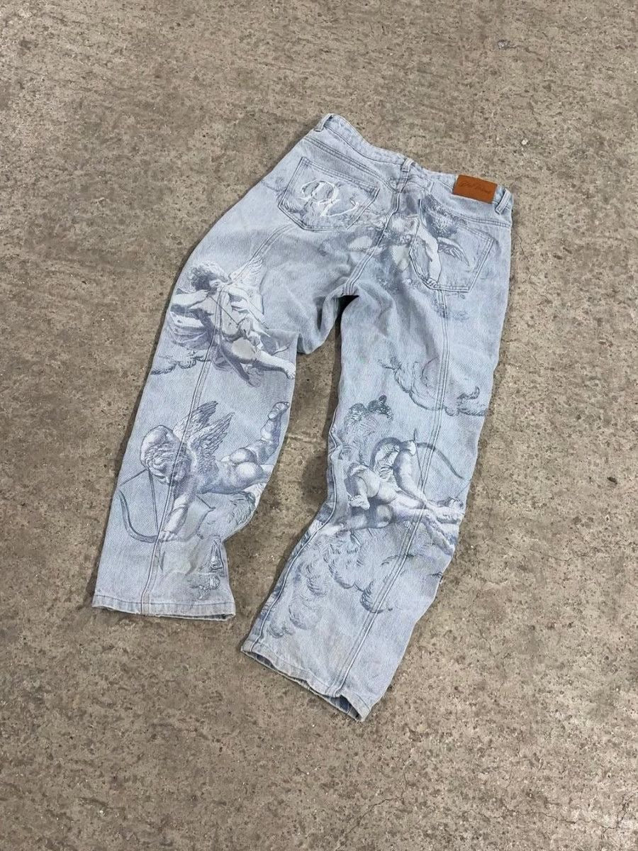 Light Blue Angel Print Straight Jeans