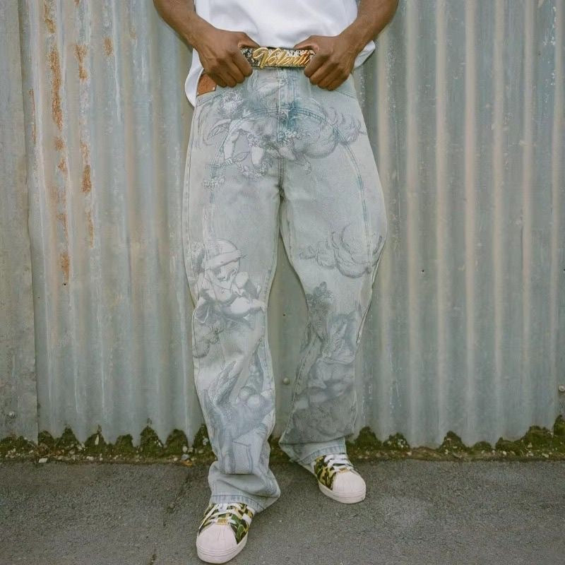 Light Blue Angel Print Straight Jeans