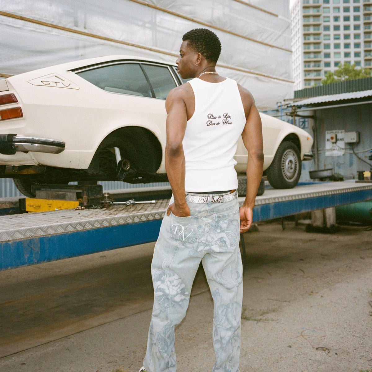 Light Blue Angel Print Straight Jeans