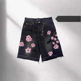 Black Floral Embroidered Denim Shorts
