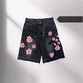 Black Floral Embroidered Denim Shorts