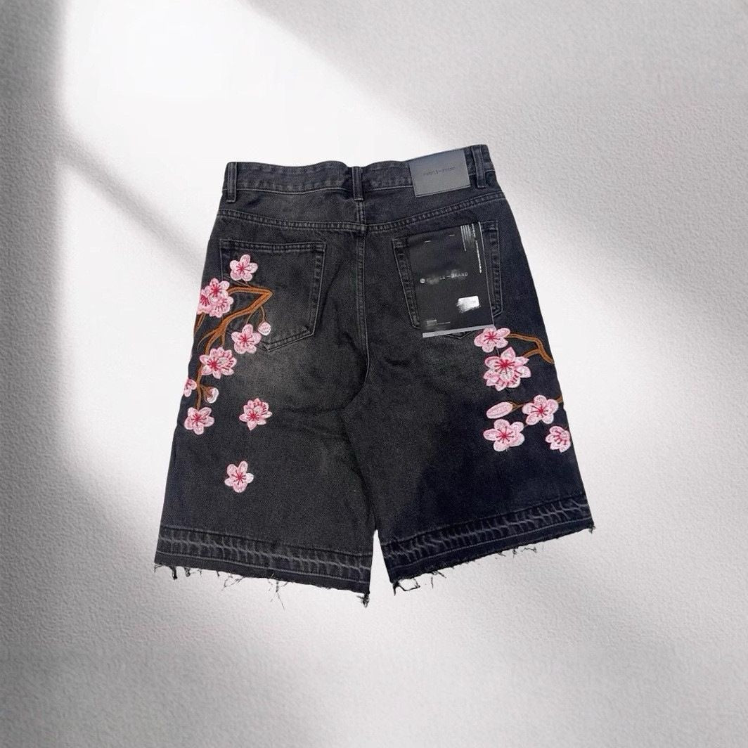 Black Floral Embroidered Denim Shorts