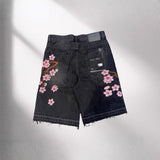 Black Floral Embroidered Denim Shorts