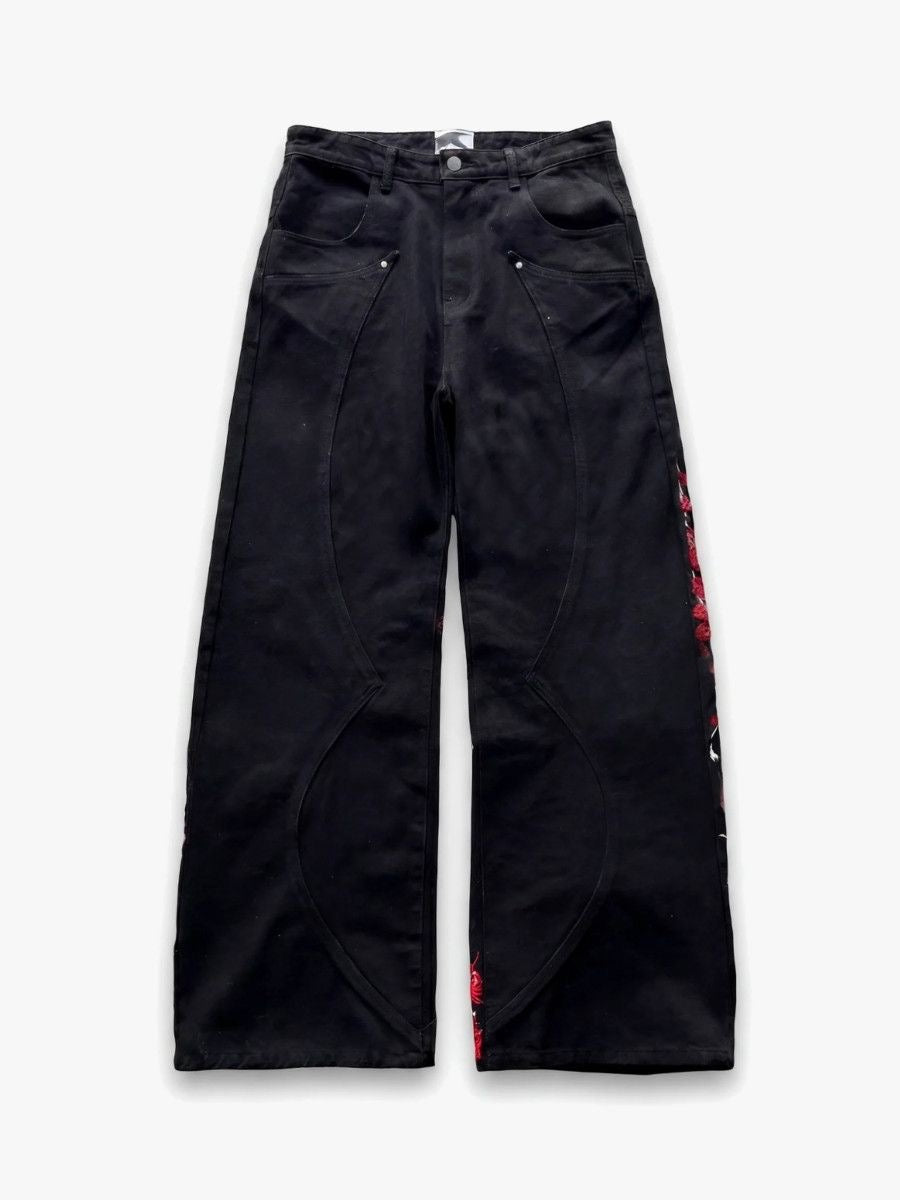 Black Red Knight Embroidered Wide Leg Jeans