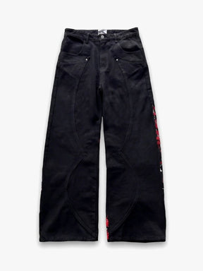 Black Red Knight Embroidered Wide Leg Jeans