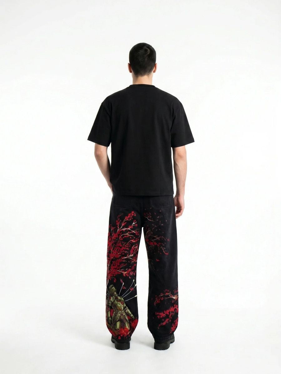 Black Red Knight Embroidered Wide Leg Jeans