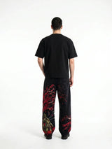 Black Red Knight Embroidered Wide Leg Jeans