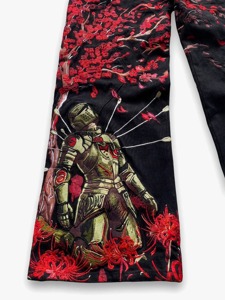 Black Red Knight Embroidered Wide Leg Jeans