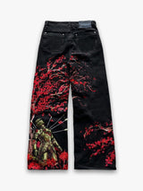 Black Red Knight Embroidered Wide Leg Jeans