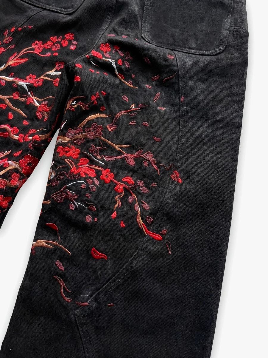 Black Red Knight Embroidered Wide Leg Jeans