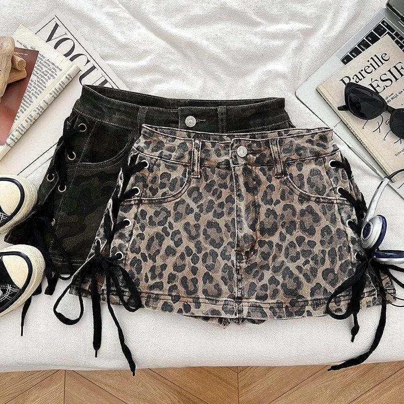 Leopard Drawstring Low Rise Denim Mini Skirt