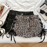Leopard Drawstring Low Rise Denim Mini Skirt