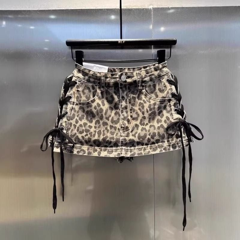 Leopard Drawstring Low Rise Denim Mini Skirt