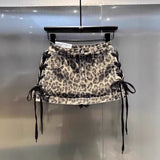 Leopard Drawstring Low Rise Denim Mini Skirt