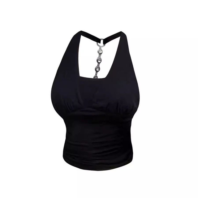 Black Halter Crystal Chain Back Tank Top