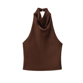 Brown Satin Cowl Neck Halter Top