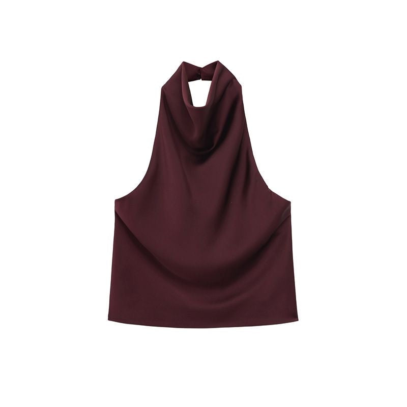 Wine Red Satin Cowl Neck Halter Top