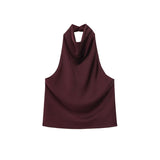 Wine Red Satin Cowl Neck Halter Top