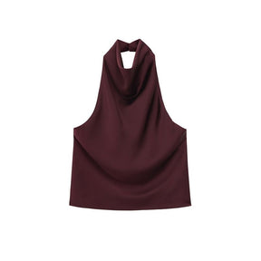 Wine Red Satin Cowl Neck Halter Top
