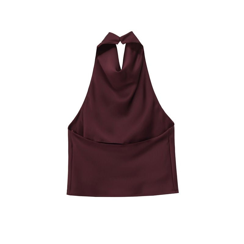 Wine Red Satin Cowl Neck Halter Top