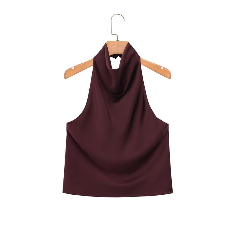 Wine Red Satin Cowl Neck Halter Top