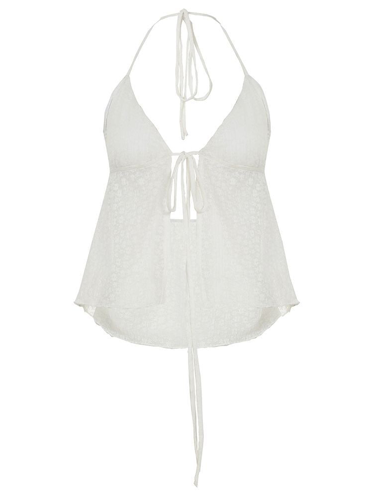 White Crochet Halter Split Top