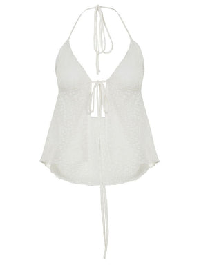 White Crochet Halter Split Top