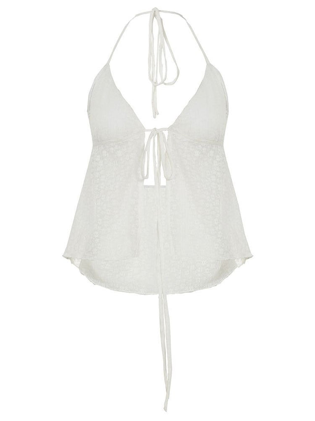 White Crochet Halter Split Top