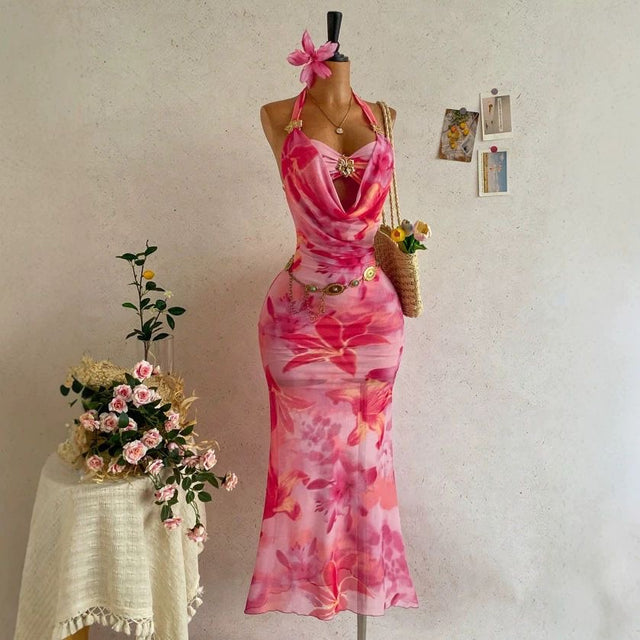 Pink Hibiscus Print Cami Mini Dress