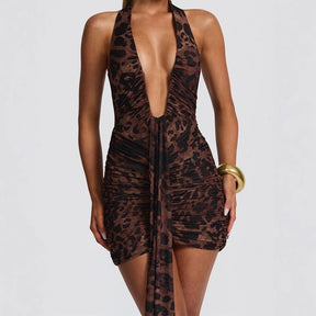 Leopard Deep V Halter Bodycon Mini Dress
