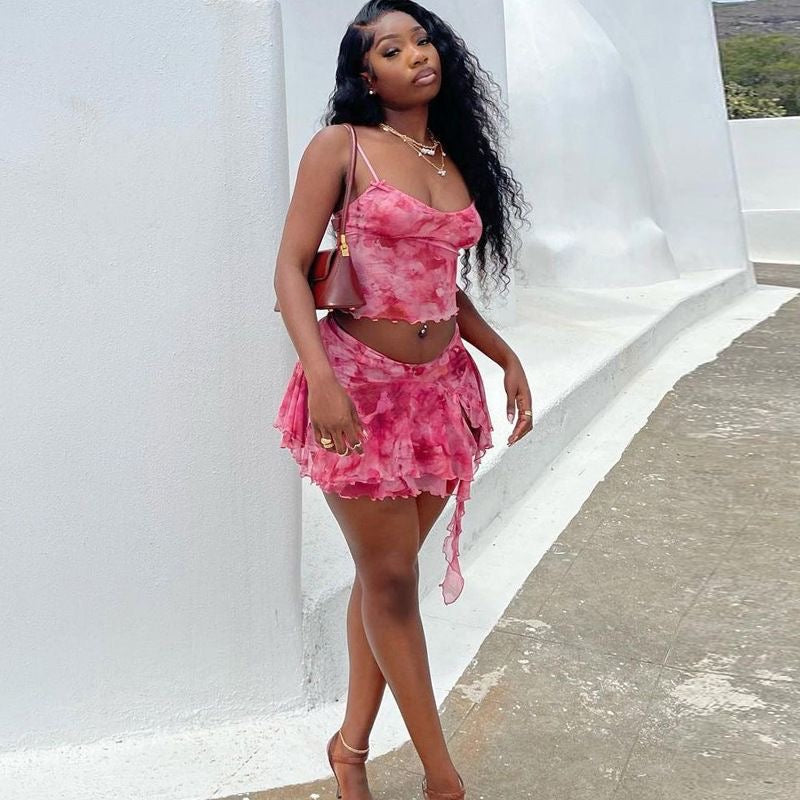 Pink Print Mesh Cami Top and Slit Skirt 2-Piece Set