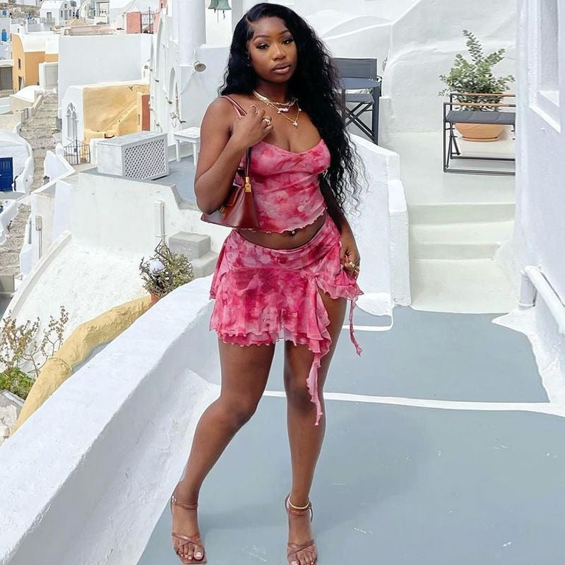Pink Print Mesh Cami Top and Slit Skirt 2-Piece Set