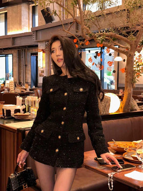 Black Tweed Gold Button Long Sleeve Mini Dress