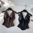Brown Faux Leather Lace-Up Halter Top