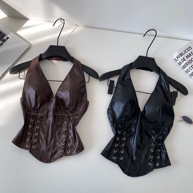 Brown Faux Leather Lace-Up Halter Top