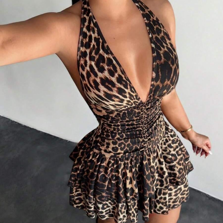 Leopard Halter Ruffle Hem Mini Dress