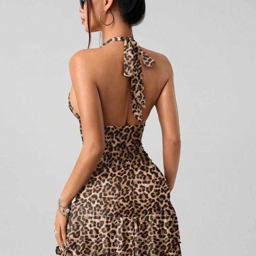 Leopard Halter Ruffle Hem Mini Dress