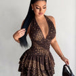 Dark Brown Lace Cinched Waist Backless Mini Dress