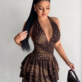 Dark Brown Lace Cinched Waist Backless Mini Dress