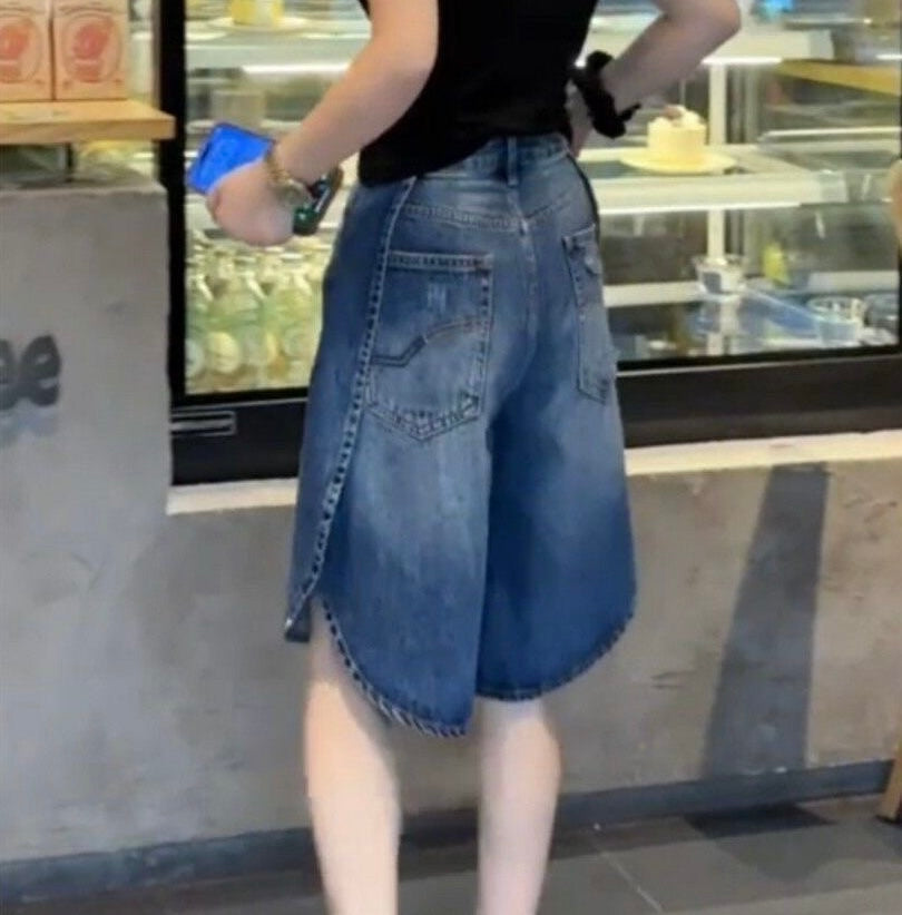 Blue Wide Leg Denim Bermuda Shorts