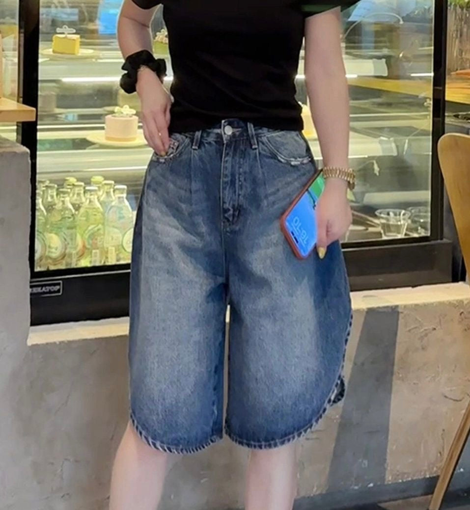 Blue Wide Leg Denim Bermuda Shorts