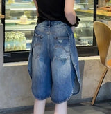 Blue Wide Leg Denim Bermuda Shorts