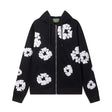 Black White Floral Puff Print Zip Hoodie