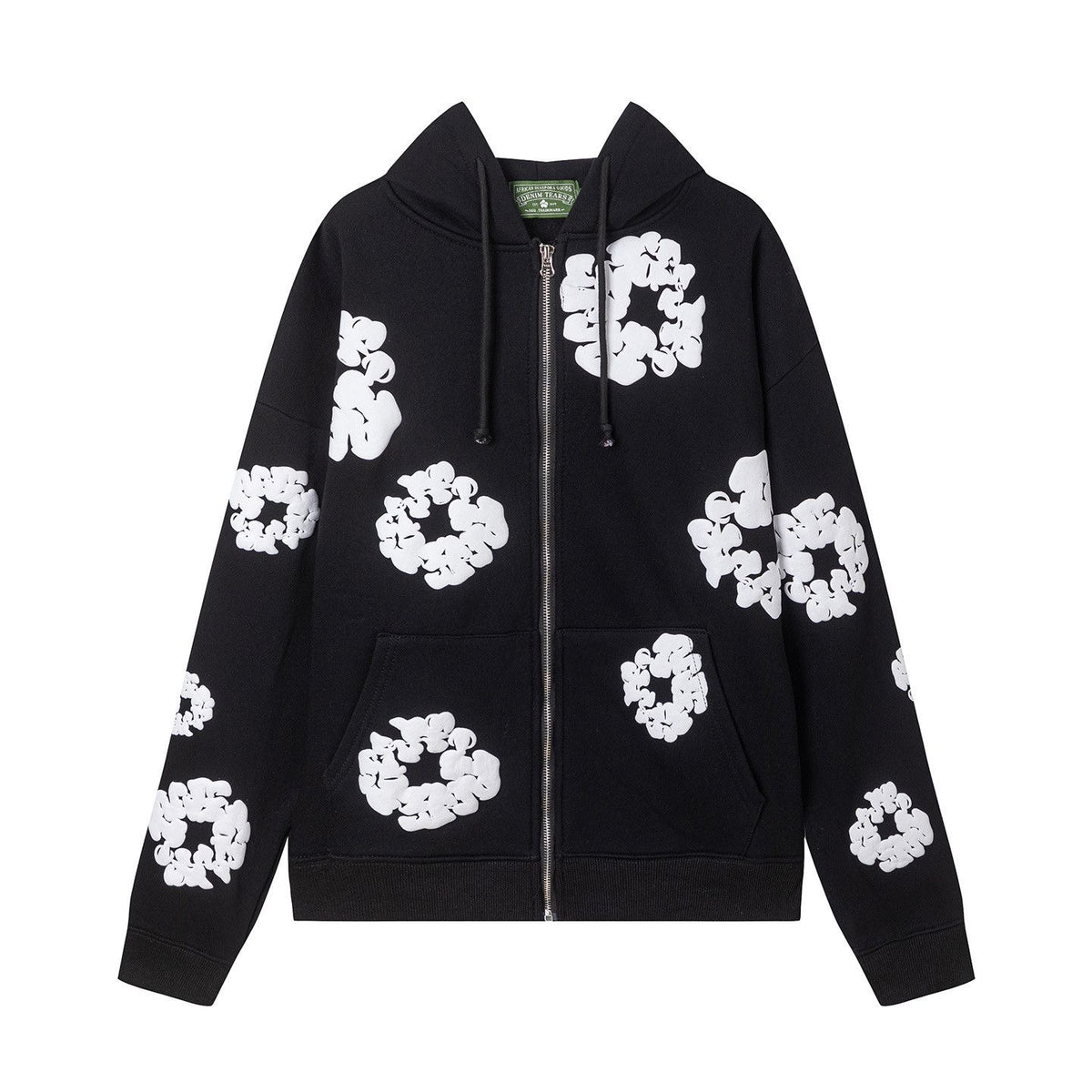 Black White Floral Puff Print Zip Hoodie