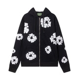 Black White Floral Puff Print Zip Hoodie
